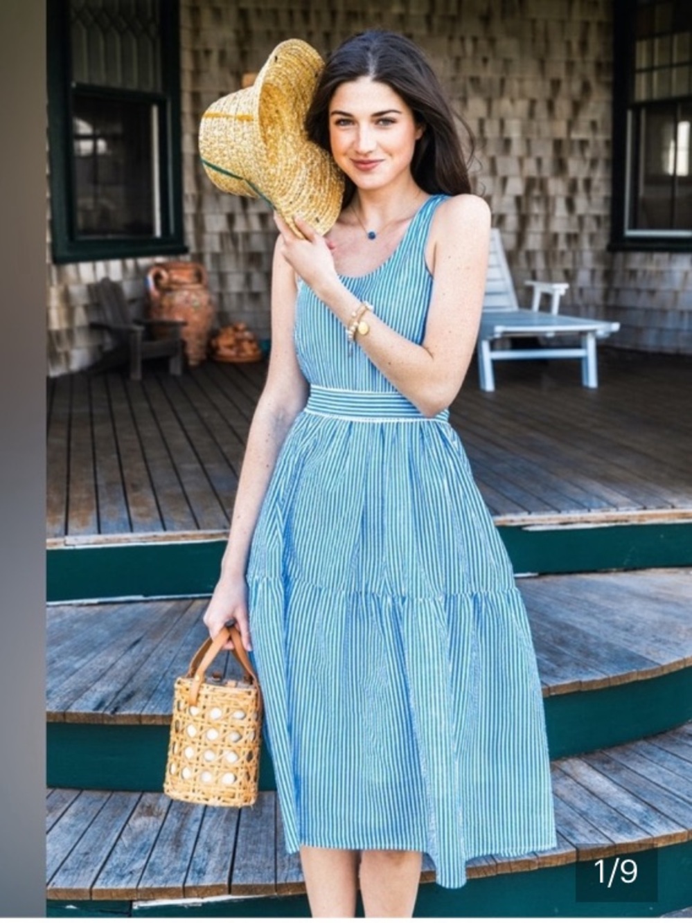 Kiel James Patrick / Seaside blue striped seersucker tiered Midi Sundress